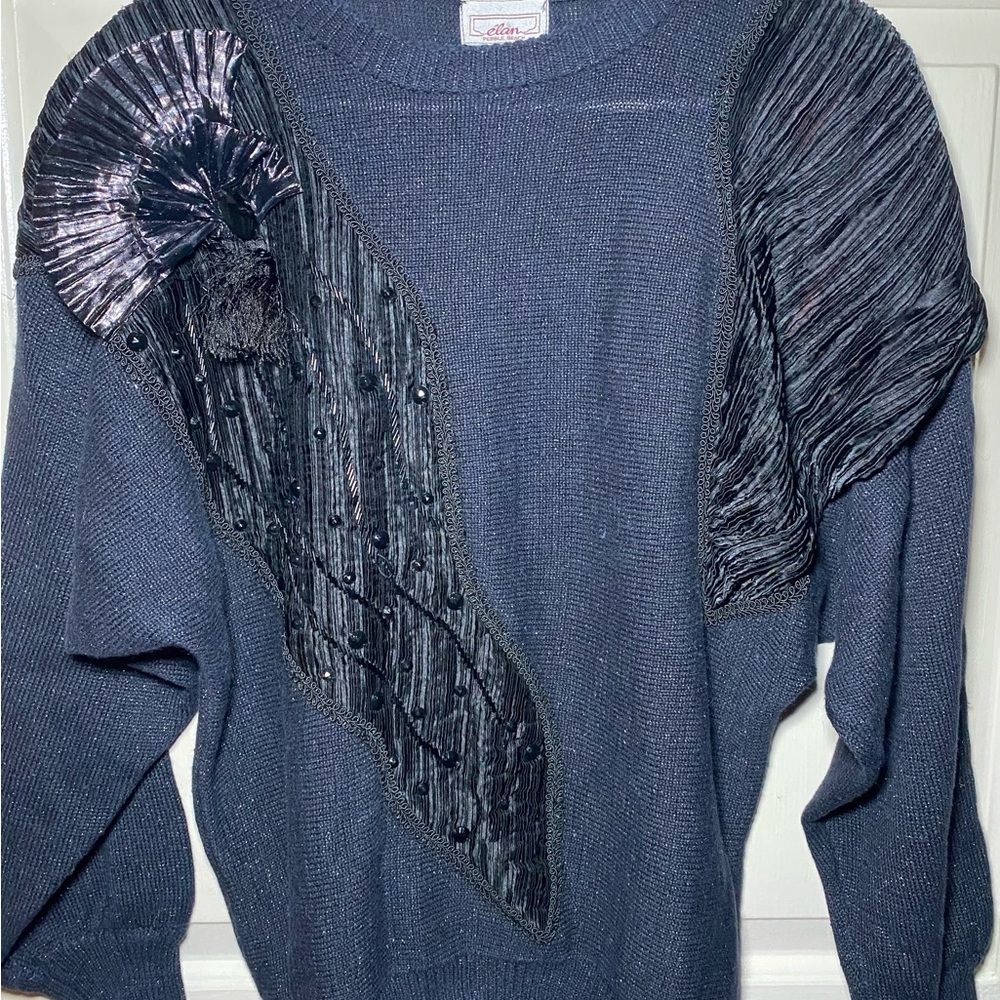 Vtg 80s Elan Pebble Beach Black Knit Sweater Ramie Lurex Beaded Shoulder Pads